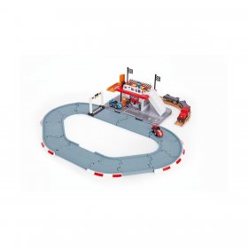 Hape - Състезателна писта с 2 колички и влакче автовоз H3734