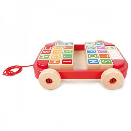 Hape - Дървена играчка, Ремарке за дърпане с дървени кубчета, 21 x 21 x 5.6 см