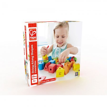 Hape - Дървени разноцветни кубчета и форми за нанизване
