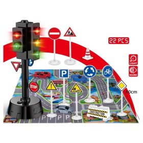 Игрален комплект Raya Toys Road Signs Set светофар с пътни знаци и 3 колички, със звуци и светлини, 22ч.