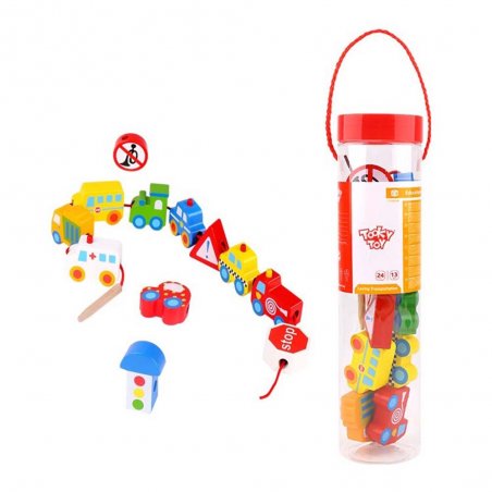 Tooky Toy - Дървени фигури за нанизване Превозни средства TKB512-BY