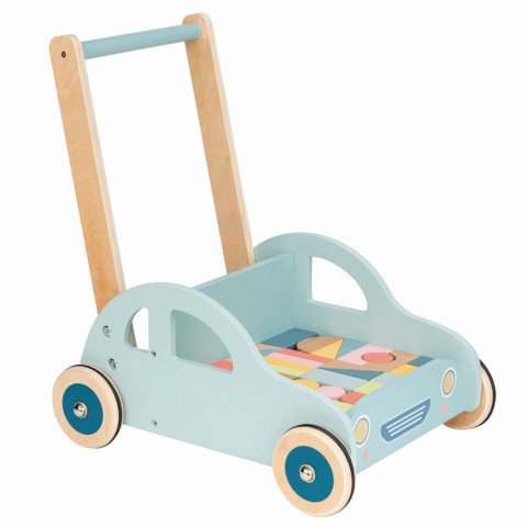 Lelin Toys - Дървена количка за прохождане с конструктор - Автомобил